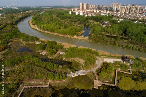 April 22, 2020, the 51st world earth day, aerial photography of the ancient Huaihe River National Wetland Park in Huai'an City, Jiangsu Province, China is full of spring. © Jinghua