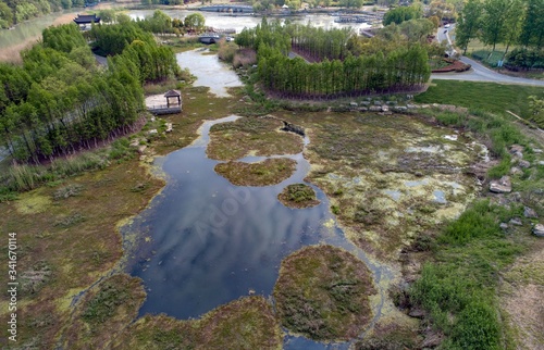 April 22, 2020, the 51st world earth day, aerial photography of the ancient Huaihe River National Wetland Park in Huai'an City, Jiangsu Province, China is full of spring.
