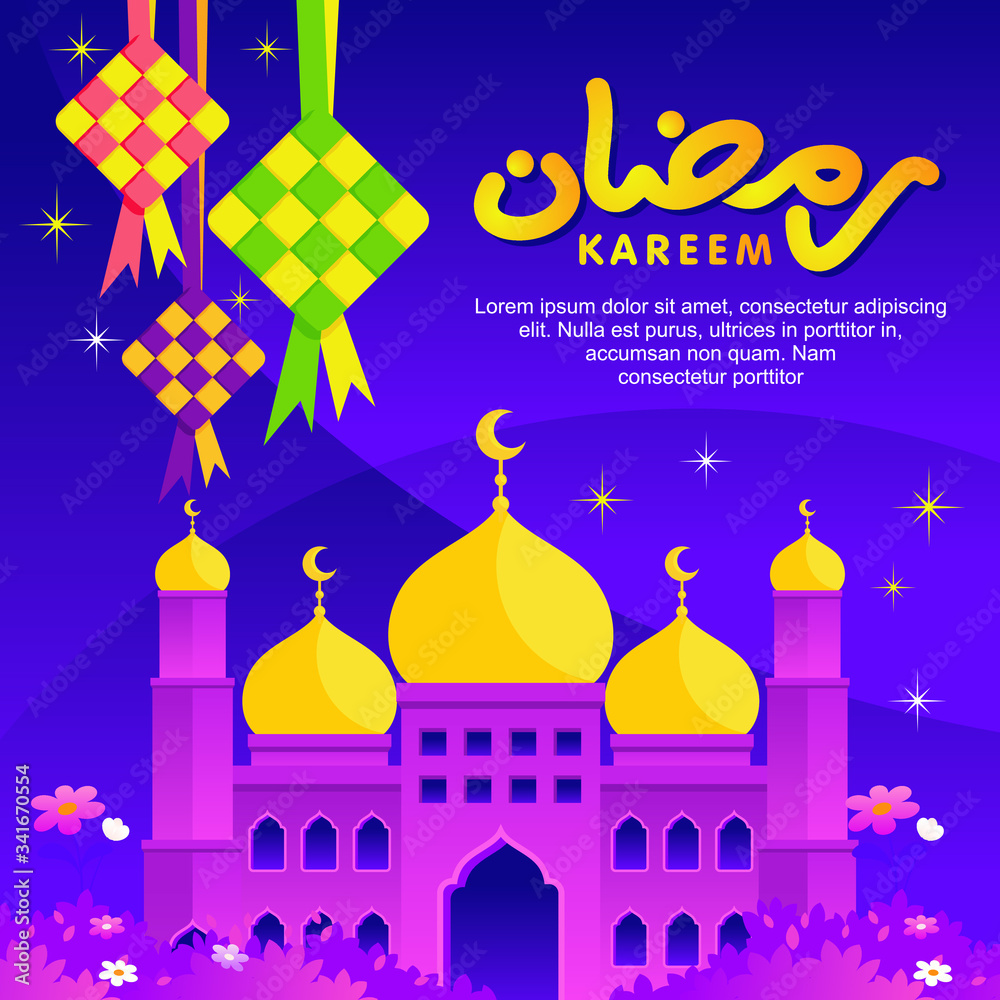 Eid Mubarak template banner design with mosque and ketupat illustration. colorful ketupat and purple abstract background. Eid Mubarak template banner design with mosque and ketupat illustration. colorful ketupat and purple abstract background.