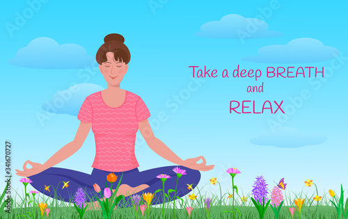 Young woman is practicing outdoor yoga sitting among the colored flowers: hyacinth, tulip, crocus, narcissus.  Vector illustration in cartoon style on the background with clouds.
