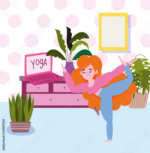online yoga, young girl in room with laptop practicing yoga