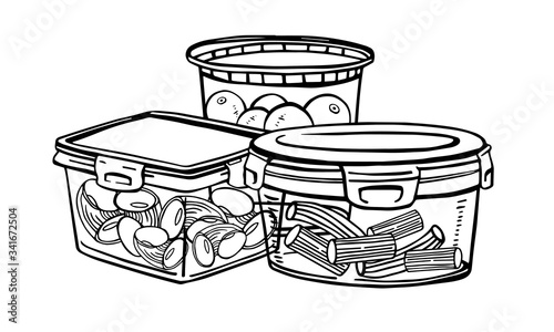 Composition with group of lunch boxes with food. Hand drawn vector sketch illustration