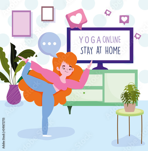 online yoga, woman practicing yoga pose in room computer, stay at home