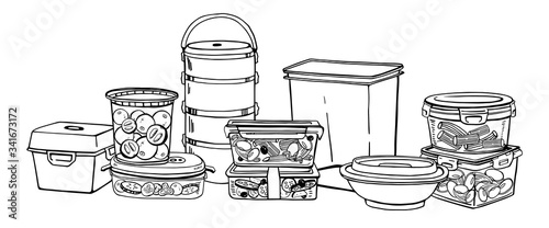 Composition with different food containers. Lunch boxes with products and empty. Hand drawn vector sketch illustration