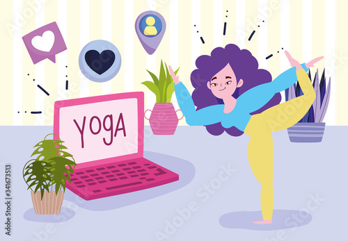 online yoga, young woman in yoga pose laptop in room