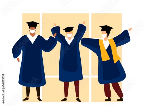 Graduated students wearing academic gown and medical masks. Celebrating university graduation 2020. Flat cartoon vector illustration.