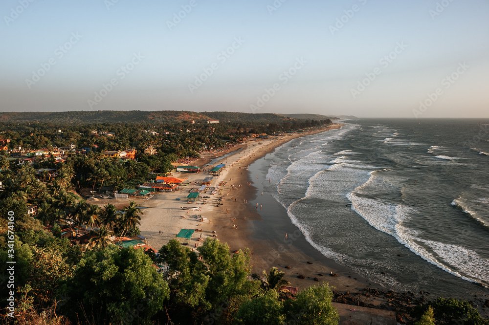 View of Arambol Beach and the Arabian Sea with waves from the top of the mountain