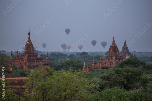 Sunrise with balloons at the temple in Bagan. Myanmar