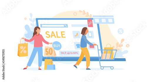 Online Sale and shopping concept with laptop or and a man and woman shopping with bags and cart, vector illustration