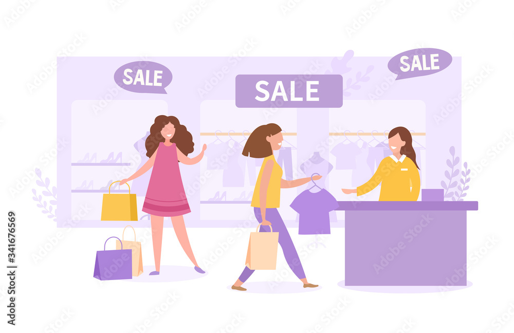 Online catalogue or Sales concept with two happy shoppers carrying bags and smiling pretty shop assistant