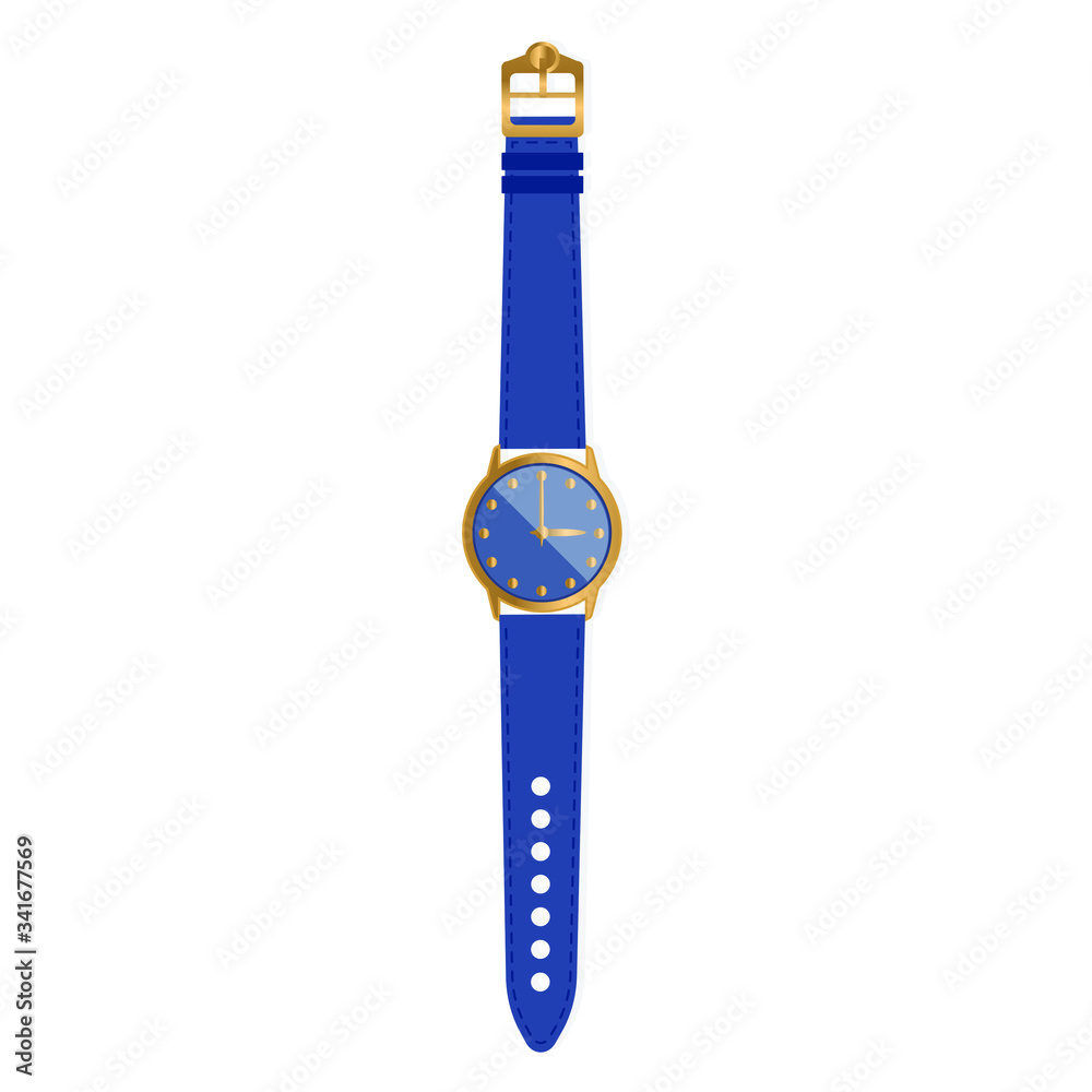 Luxury Gold Watch Isolated on White. Classic Design Watch. Wristwatch with Dark Blue Strap, Golden Buckle & Blue Display. Illustration. Luxury Gold Watch Isolated on White. Classic Design Watch. Wristwatch with Dark Blue Strap, Golden Buckle & Blue Display. Illustration.