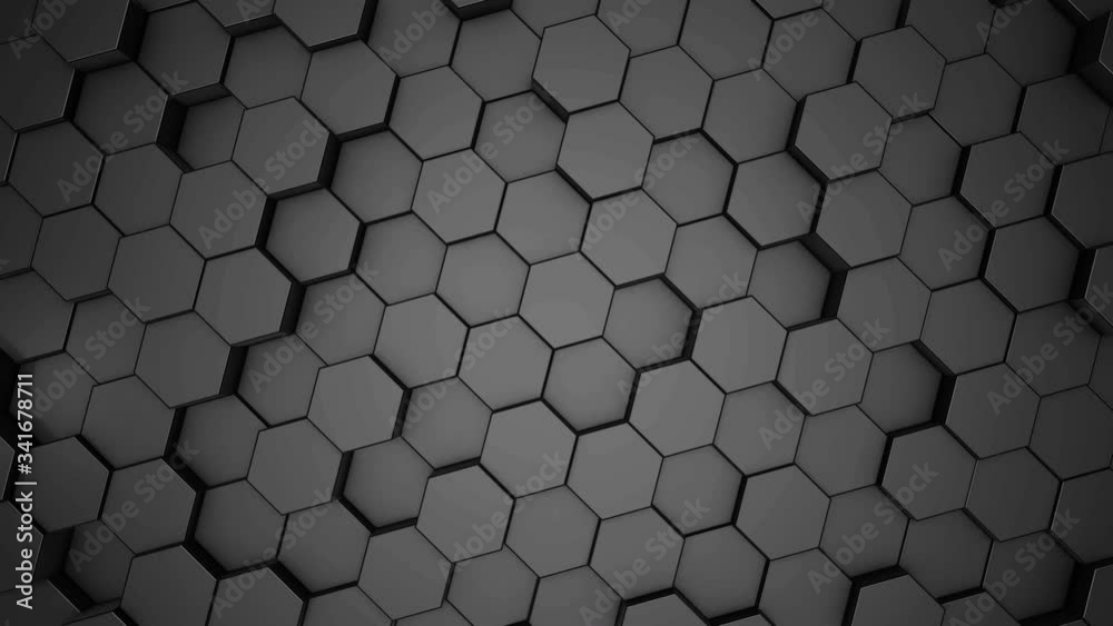 An abstract hexagonal geometric black surface cyclically moves in virtual space. Chaotic vibrations of geometric shapes. Creating a dynamic wall of hexagons
An abstract hexagonal geometric black surface cyclically moves in virtual space. Chaotic vibrations of geometric shapes. Creating a dynamic wall of hexagons