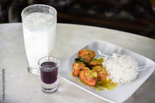 Deep Fried Chicken  and Green Curry with Rice , vegetable  in White plate. Thai food photo