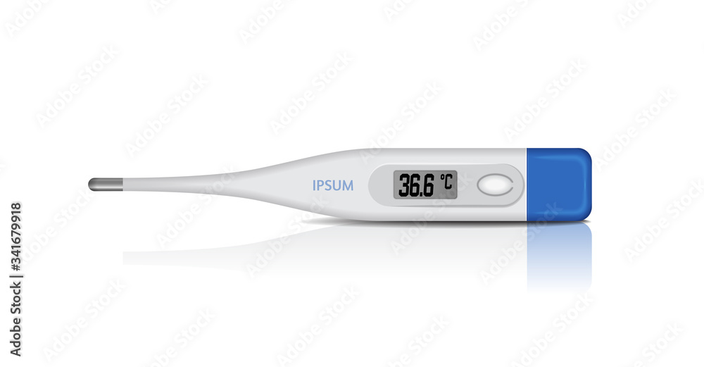 Electronic medical thermometer for measuring. Vector design of digital thermometer showing temperature. Top view Electronic medical thermometer for measuring. Vector design of digital thermometer showing temperature. Top view