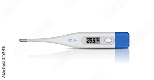 Electronic medical thermometer for measuring. Vector design of digital thermometer showing temperature. Top view