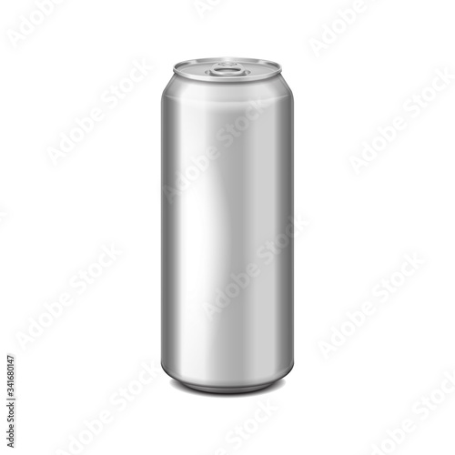 Glossy metal silver aluminium beer can. Can be used for alcohol, energy drink, soft drink, soda, fizzy pop, lemonade, cola. Vector realistic template