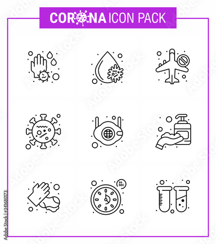 9 Line Coronavirus Covid19 Icon pack such as  microorganism, virus, infrared, coronavirus, airoplan photo