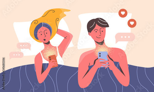Young couple lying in a bed and using smartphones for chatting online, gaming and procrastinating in social networks. Mobile phone dependence social problem. Surfing internet during covid-19 lockdown.