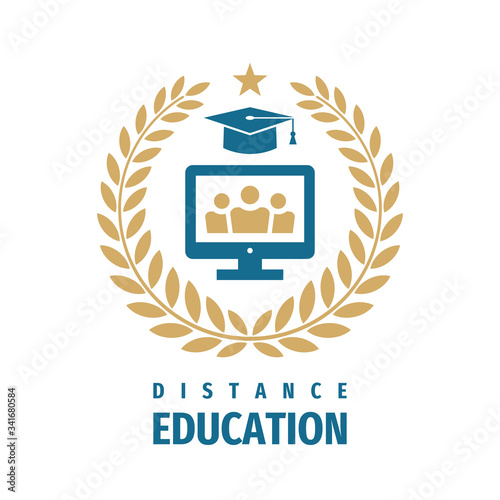 Distance Education Badge Logo Design. University high school emblem logo. Laurel wreath.