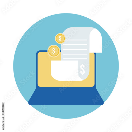laptop with coins and document block style icon