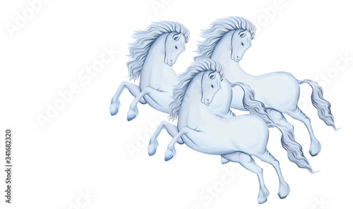 Three white horses in gallop. Winter months. Clip art on white background
