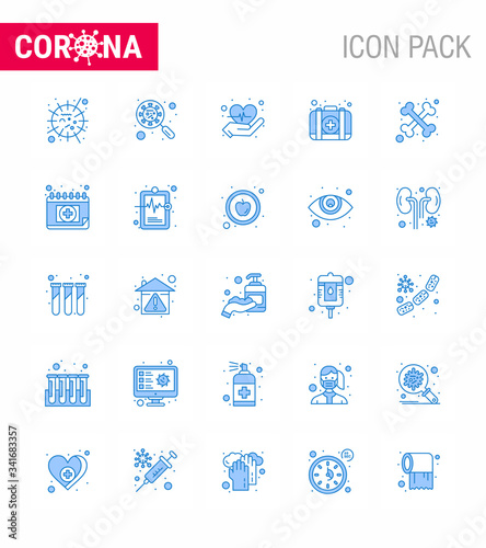 COVID19 corona virus contamination prevention. Blue icon 25 pack such as case, kit, interfac, emergency, heart photo