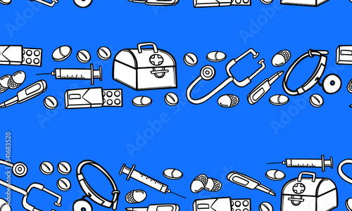 border medicine equipment set seamless wallpaper pharmacy doctor doodle sketch contour line background print poster banner wrap hospital