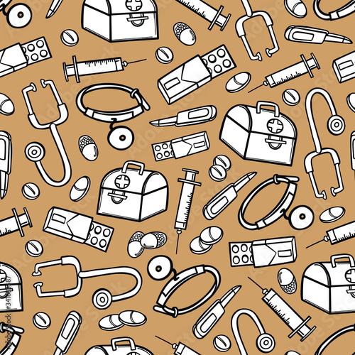 seamless background medicine equipment set pharmacy doctor doodle sketch outline line pattern print poster banner wrapper hospital wallpaper