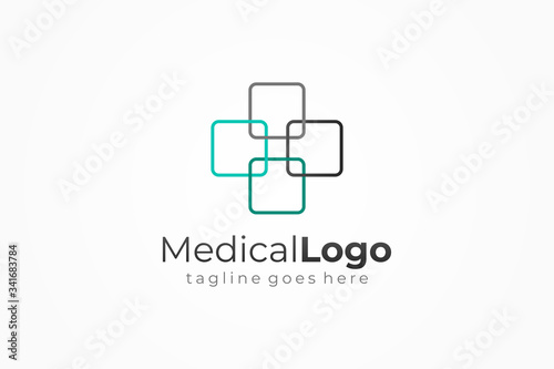 Healthcare Medical Logo. Blue and Grey Linear Rounded Cross Sign Health Icon isolated on White Background. Flat Vector Logo Design Template Element.