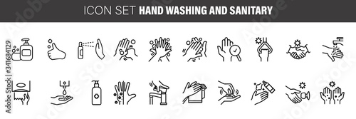 Hand washing line icon set. Included icons as wash, tissue paper, cleaning, hand dryer, soap, wipe, sanitary and more. Hand drawing