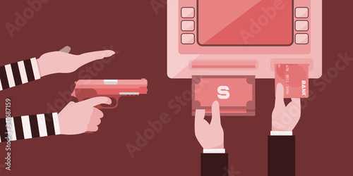 Businessmen are being forced to press money from ATM because of being robbed.
Illustration about robbing.
