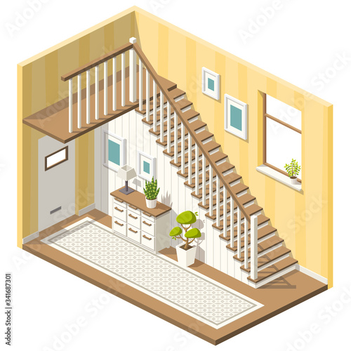 Isometric hall with stairs and furniture. Vector illustration with separate layers.