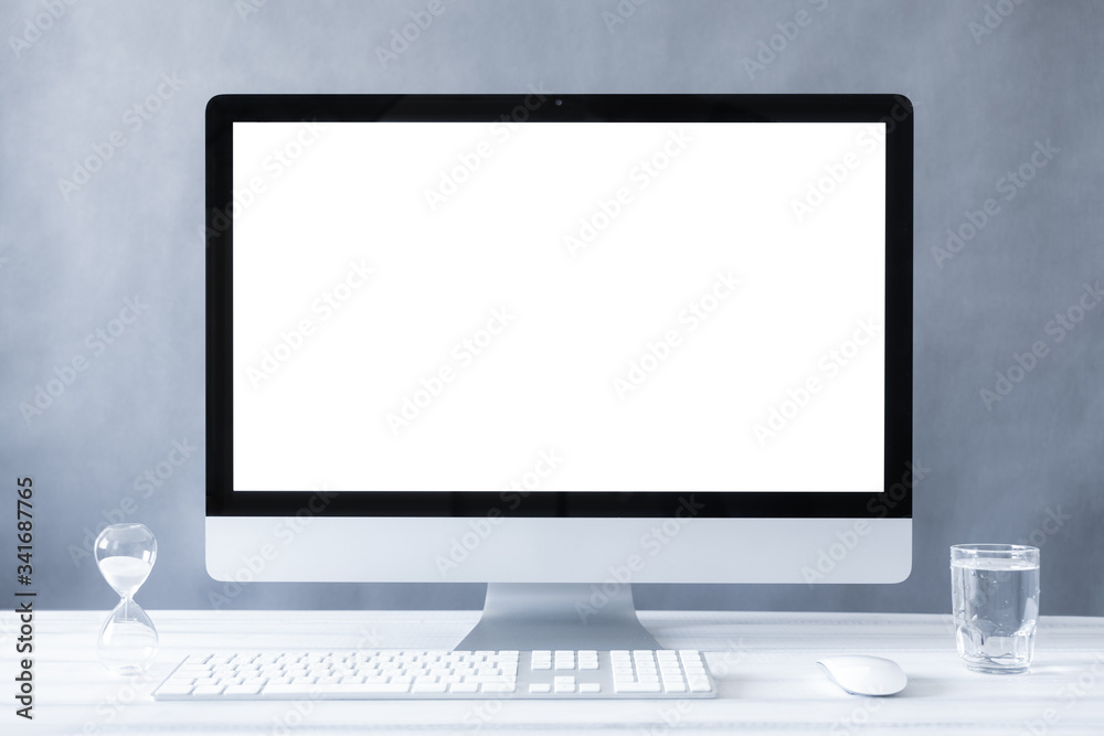 Computer all in one mockup, home and office workspace concept. Computer white blank screen on work table front view. Copy space Computer all in one mockup, home and office workspace concept. Computer white blank screen on work table front view. Copy space