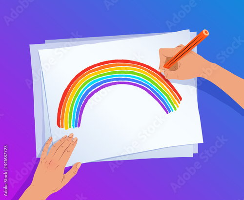 Hands drawing rainbow arc