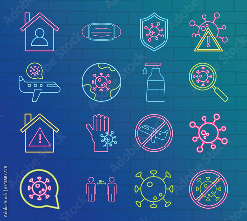 neon 2019 ncov outbreak pandemic, coronavirus, prevention, control disease icons