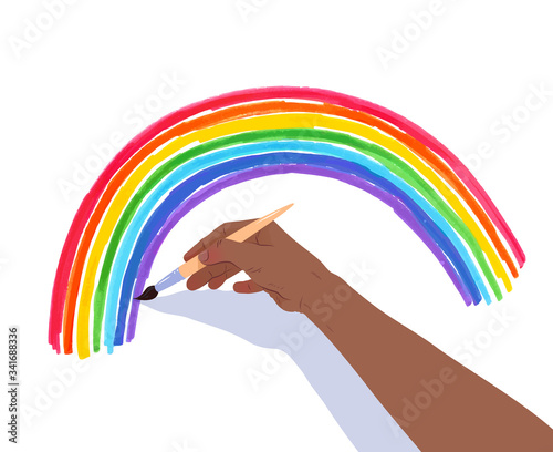 Hands drawing rainbow arc