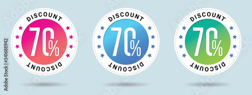 Discount offer price label. Sale vector badge template, 70 percent off sale label symbol, 70 discount promotion. Set of 3 beautiful color gradients.