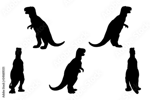 5 black and white set vector dinosaur tyrannosaurus dino silhouette isolated on white background