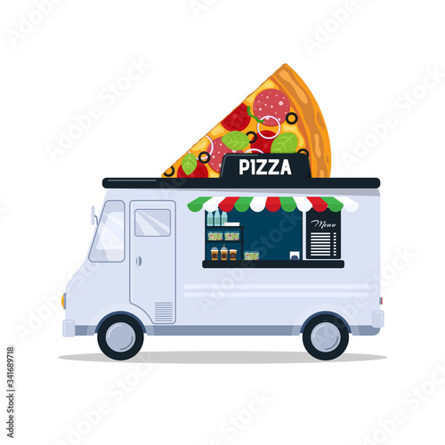 Pizza food truck isolated on white background. Fast food truck in cartoon style