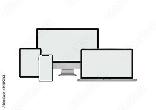 Modern Devices (Desktop Computer, Laptop, Tablet, Phone), blank screen