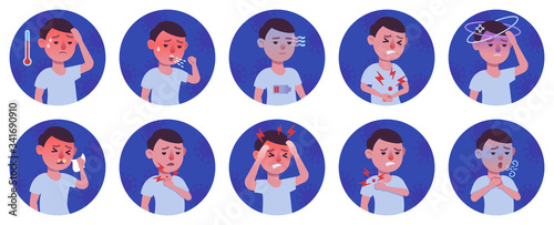 Coronavirus 2019-nCoV symptoms flat icons set, Colorful symbols pack contains - fever, cough, sore throat, headache, man in mask. Coronavirus covid-19 prevention vector illustration. Flat style design