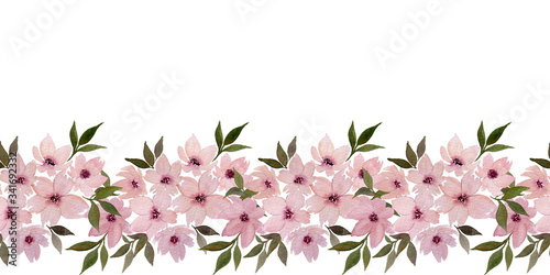 pink spring flowers ornamental seamless border  watercolor illustration with decorative hand painted flowers