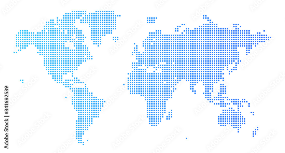四角いドットで構成された世界地図-青色