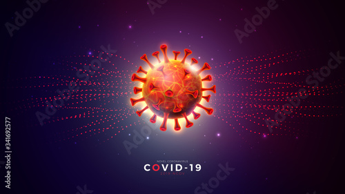 Covid-19. Coronavirus Outbreak Design with Virus Cell on Abstract Dark Background. Vector 2019-ncov Corona Virus Illustration on Dangerous SARS Epidemic Theme for Banner.