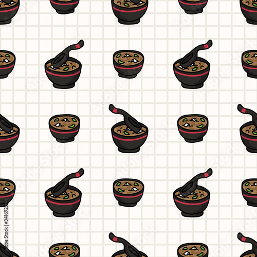 Kawaii miso soup Japanese meal seamless vector pattern. Hand drawn oriental ramen with nori and tofu. Seaweed soup all over print on stripe background. Asian recipe. 