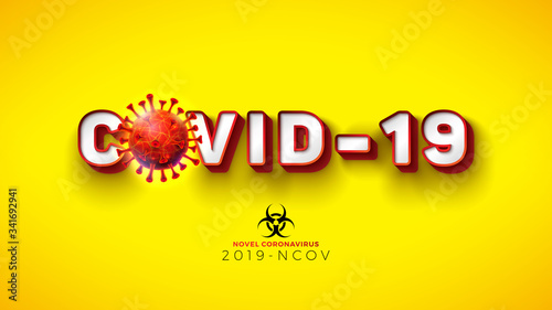Covid-19. Novel Coronavirus Concept Design with Virus Cell and Biological Danger Symbol on Yellow Background. Vector 2019-nCoV Corona Virus Illustration on Dangerous SARS Epidemic Theme.