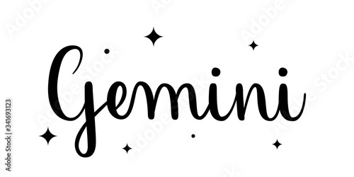 Gemini. Handwritten name of sign of zodiac. Modern brush calligraphy style. Black vector text isolated on white background with star elements