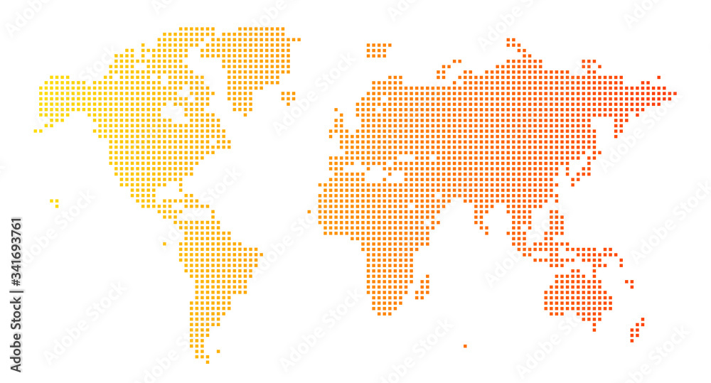 四角いドットで構成された世界地図-オレンジ色