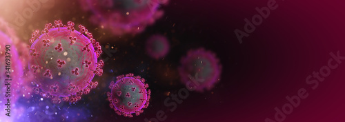 Coronavirus COVID-19 under the microscope. Sars-CoV-2 background with copy space (3d microbiology render banner)