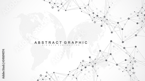 Geometric abstract background with connected line and dots. Network and connection background for your presentation. Graphic polygonal background. Scientific vector illustration.